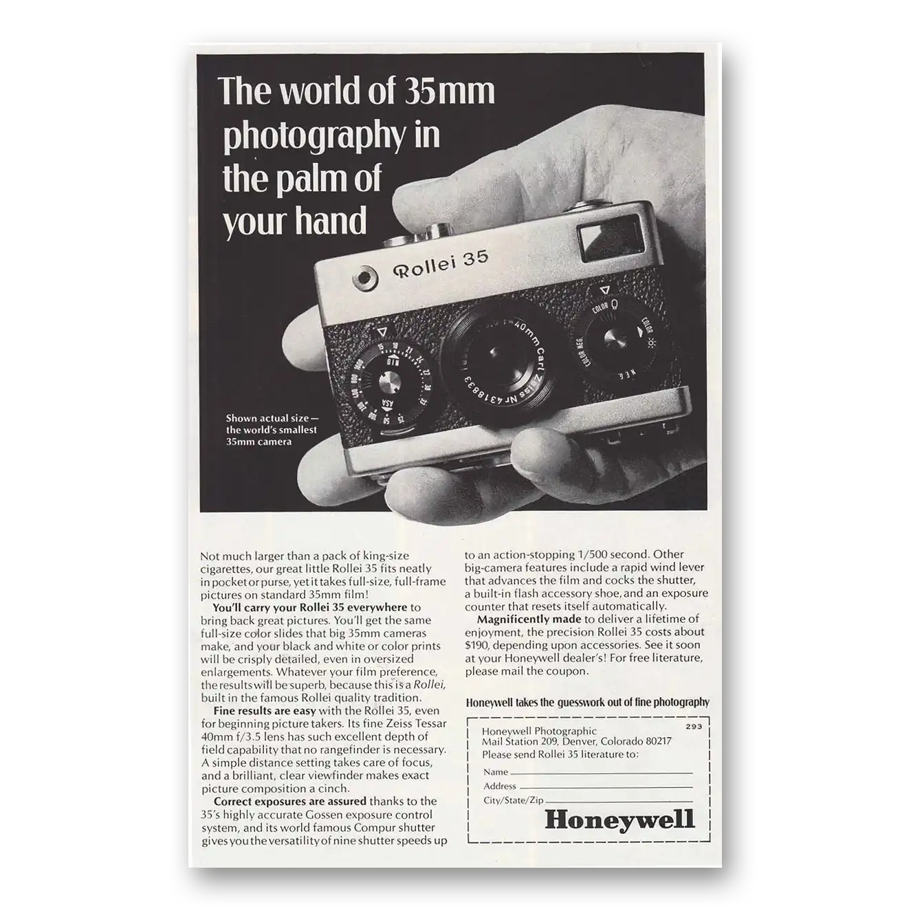 1968 Rollei Camera Palm of Your Hand Vintage Magazine Print Ad