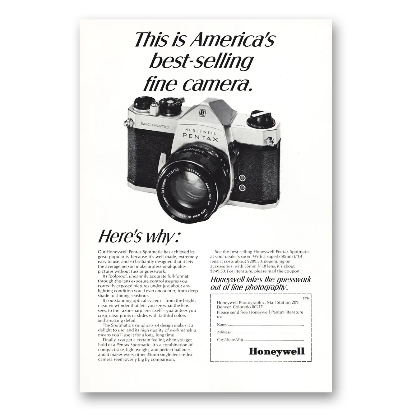 1968 Pentax Spotmatic Camera Best Selling Fine Camera Vintage Magazine Print Ad