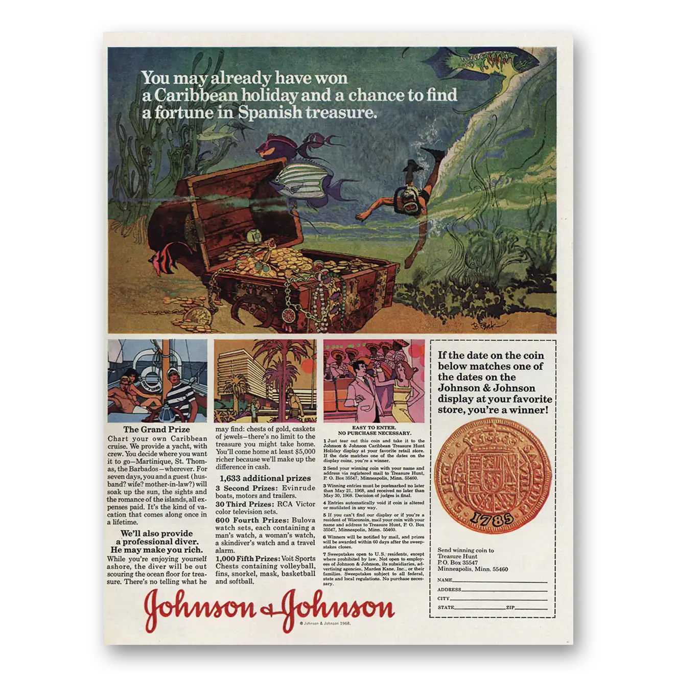 1968 Johnson & Johnson Fortune Spanish Treasure Vintage Magazine Print Ad