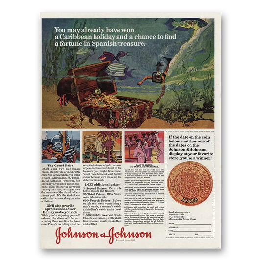 1968 Johnson & Johnson Fortune Spanish Treasure Vintage Magazine Print Ad