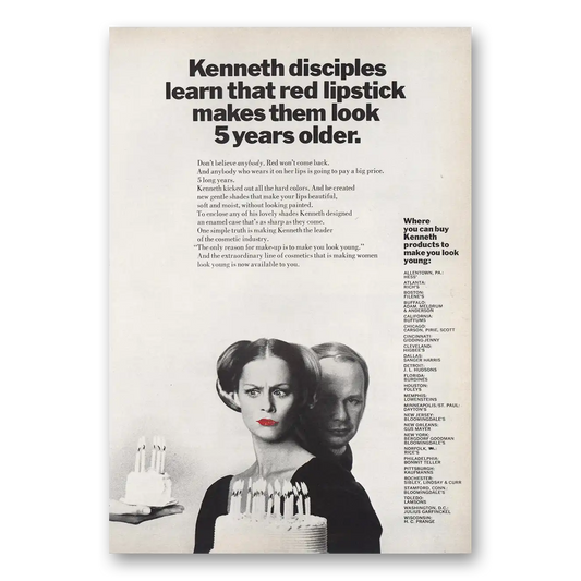 1968 Kenneth Red Lipstick Makes Them Look 5 Years Older Vintage Magazine Print Ad