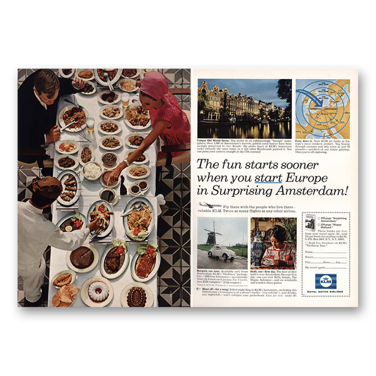 1968 KLM Royal Dutch Airlines Fun Starts Sooner Surprising Amsterdam Vintage Magazine Print Ad