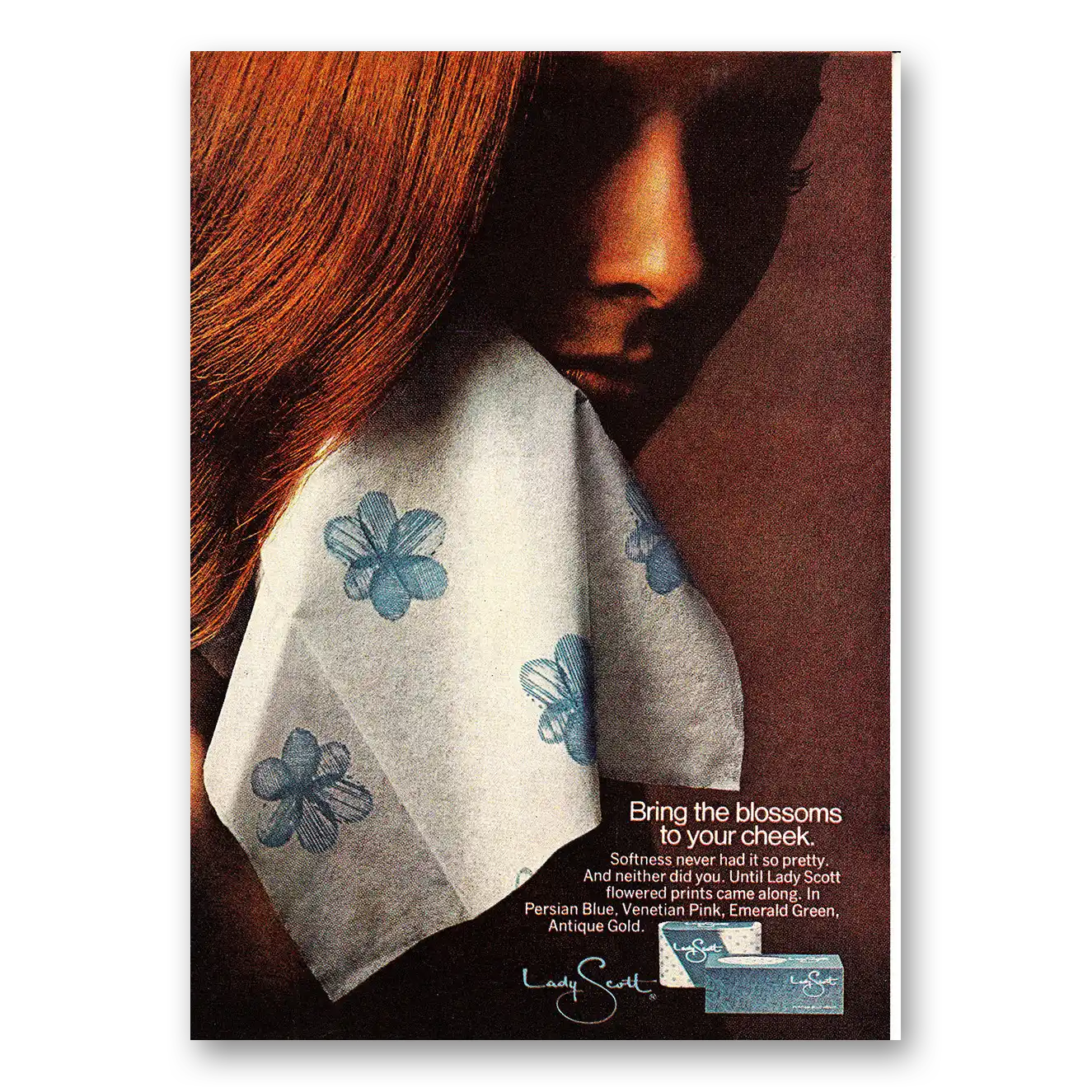 1968 Lady Scott Tissue Bring the Blossoms to Your Cheek Vintage Magazine Print Ad