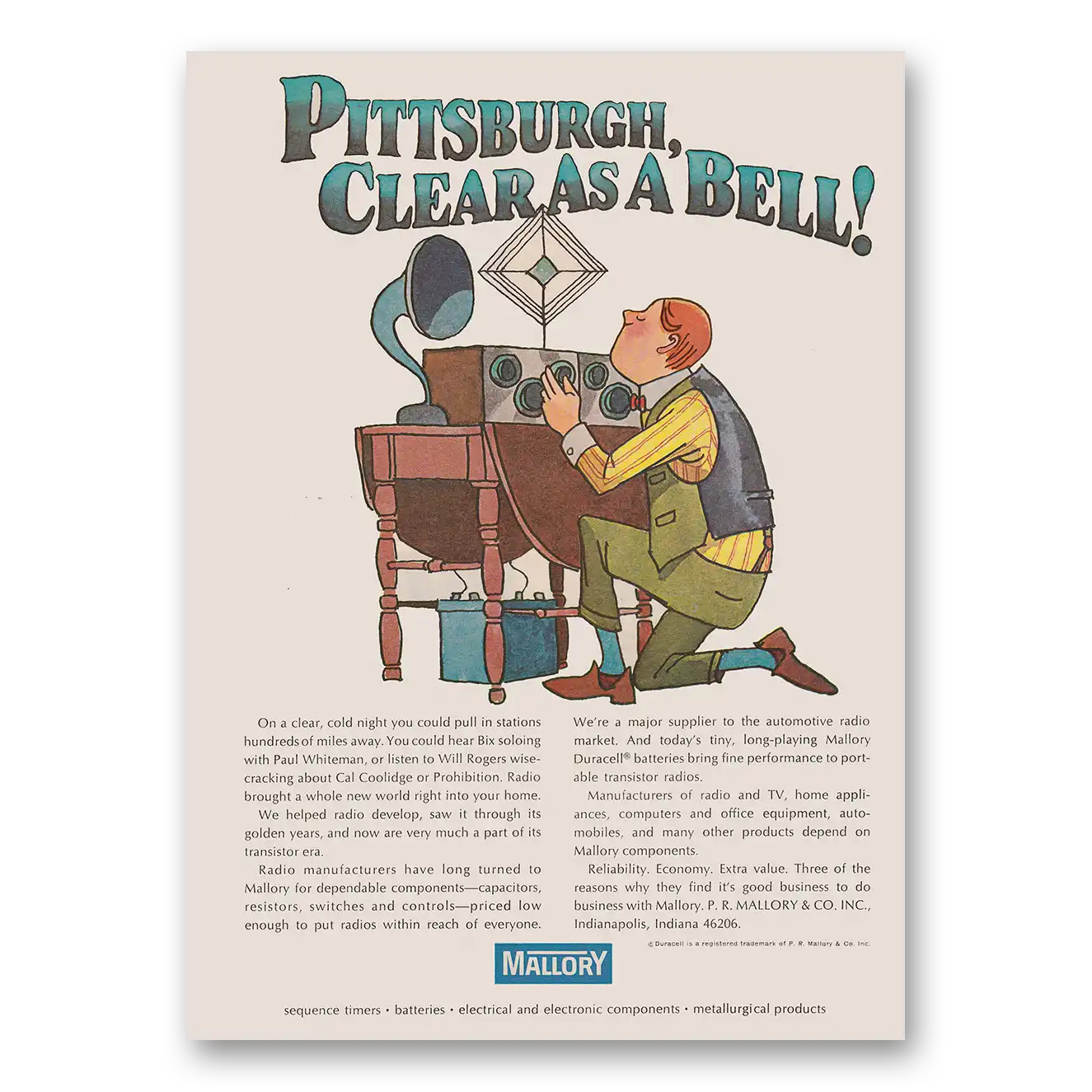 1968 Mallory Pittsburgh Clear As a Bell Vintage Magazine Print Ad