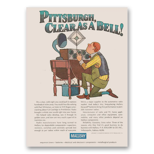 1968 Mallory Pittsburgh Clear As a Bell Vintage Magazine Print Ad