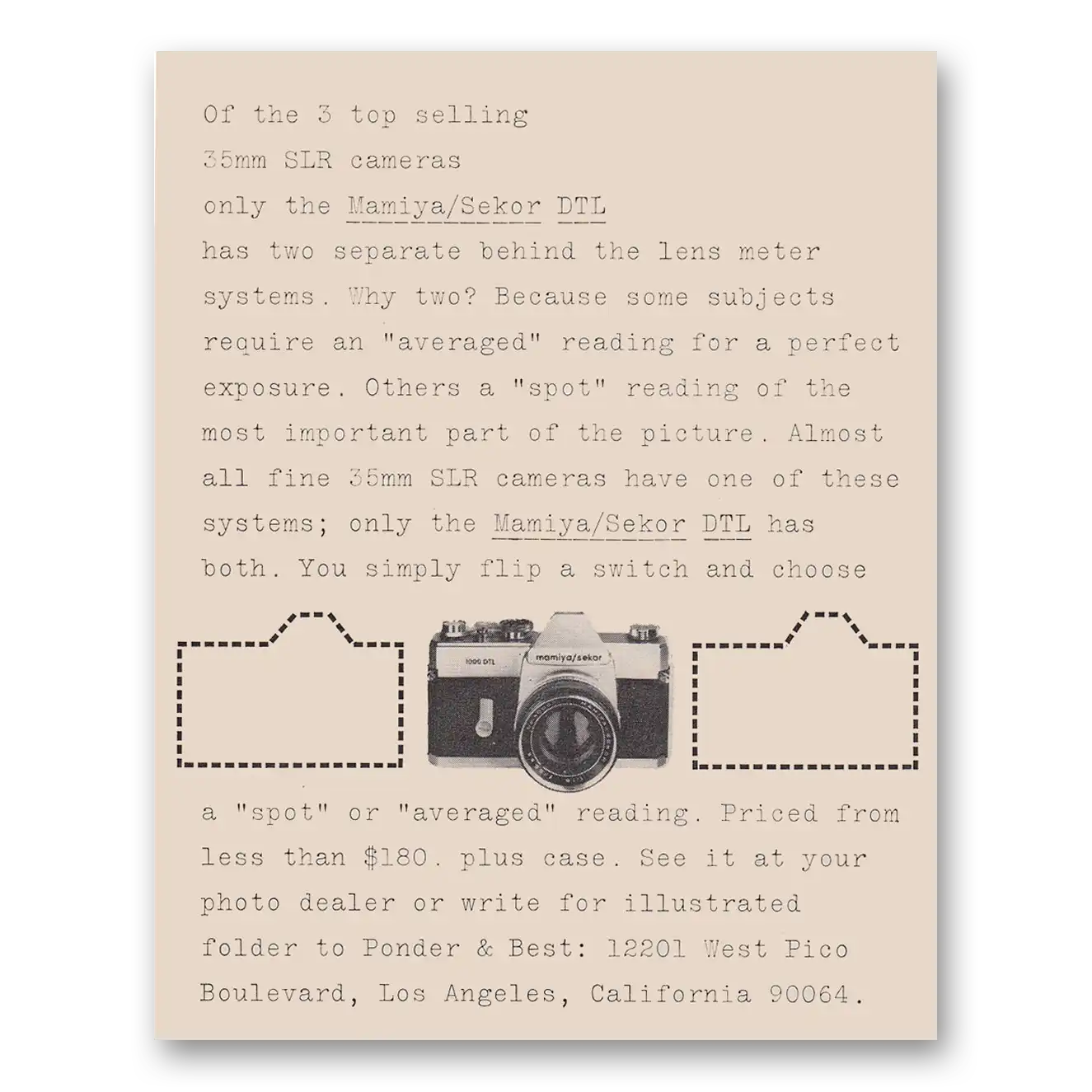 1968 Mamiya Camera Sekor DTL Camera Behind the Lens Meter Systems Vintage Magazine Print Ad