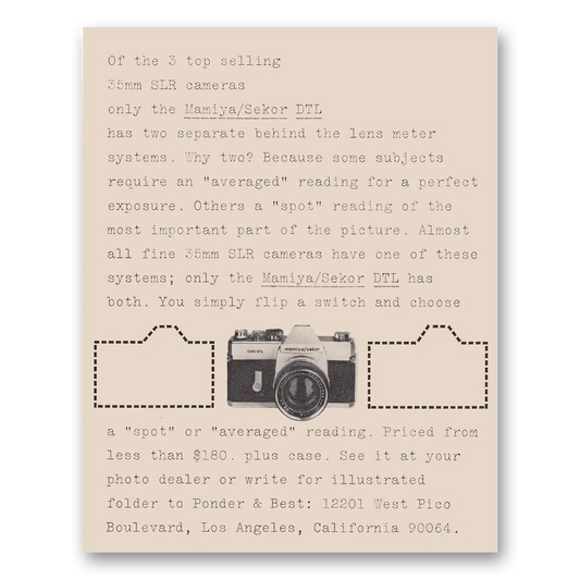 1968 Mamiya Camera Sekor DTL Camera Behind the Lens Meter Systems Vintage Magazine Print Ad