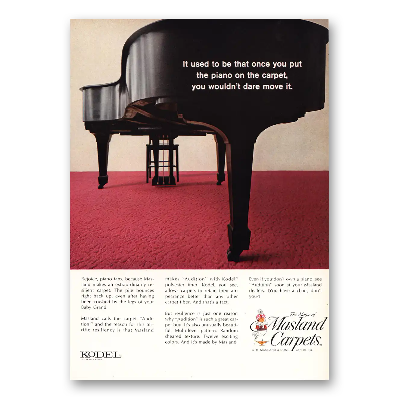 1968 Masland Carpet Once Your Put Piano On Carpet Vintage Magazine Print Ad