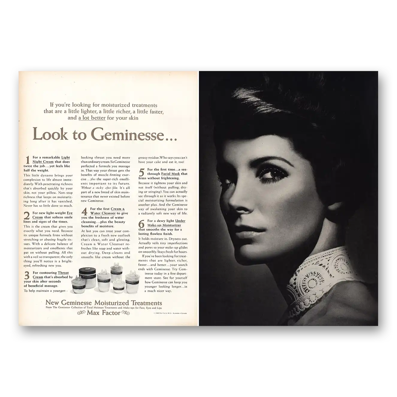 1968 Geminesse Moisturized Treatments Look to Geminesse Vintage Magazine Print Ad