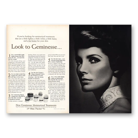 1968 Geminesse Moisturized Treatments Look to Geminesse Vintage Magazine Print Ad