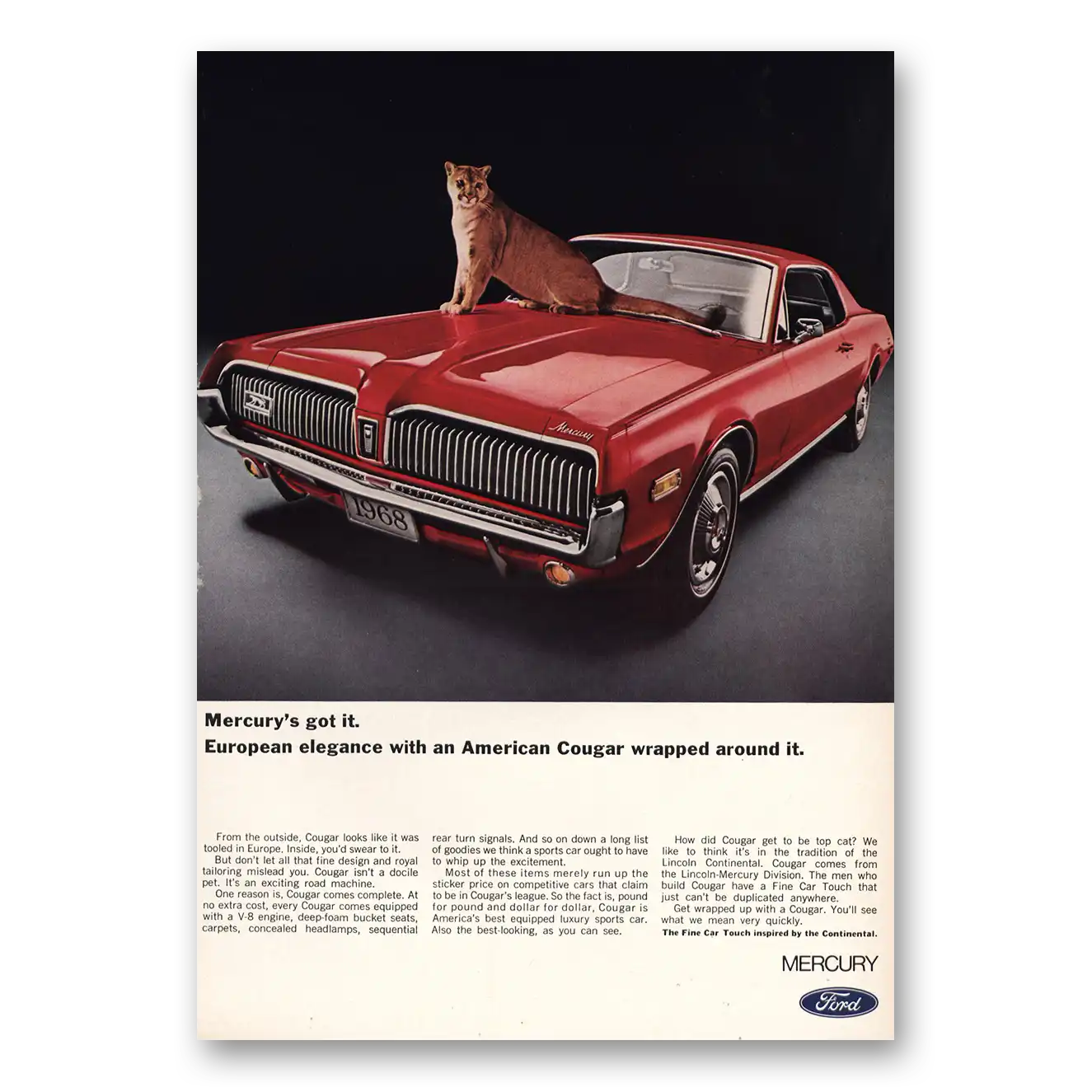 1968 Mercury Cougar European Elegance American Cougar Wrapped Vintage Magazine Print Ad