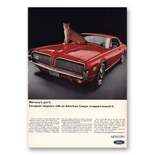 1968 Mercury Cougar European Elegance American Cougar Wrapped Vintage Magazine Print Ad