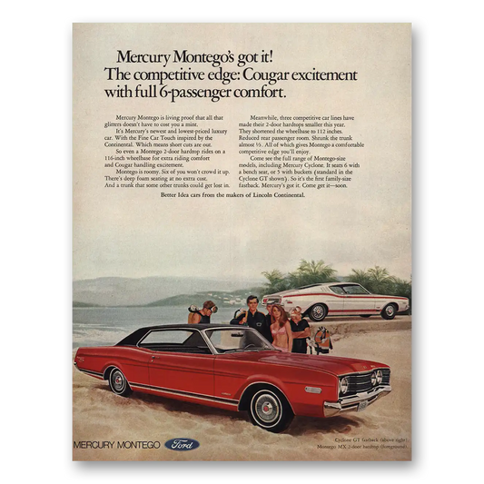 1968 Mercury Montego Cougar Excitement Full 6 Passenger Comfort Vintage Magazine Print Ad