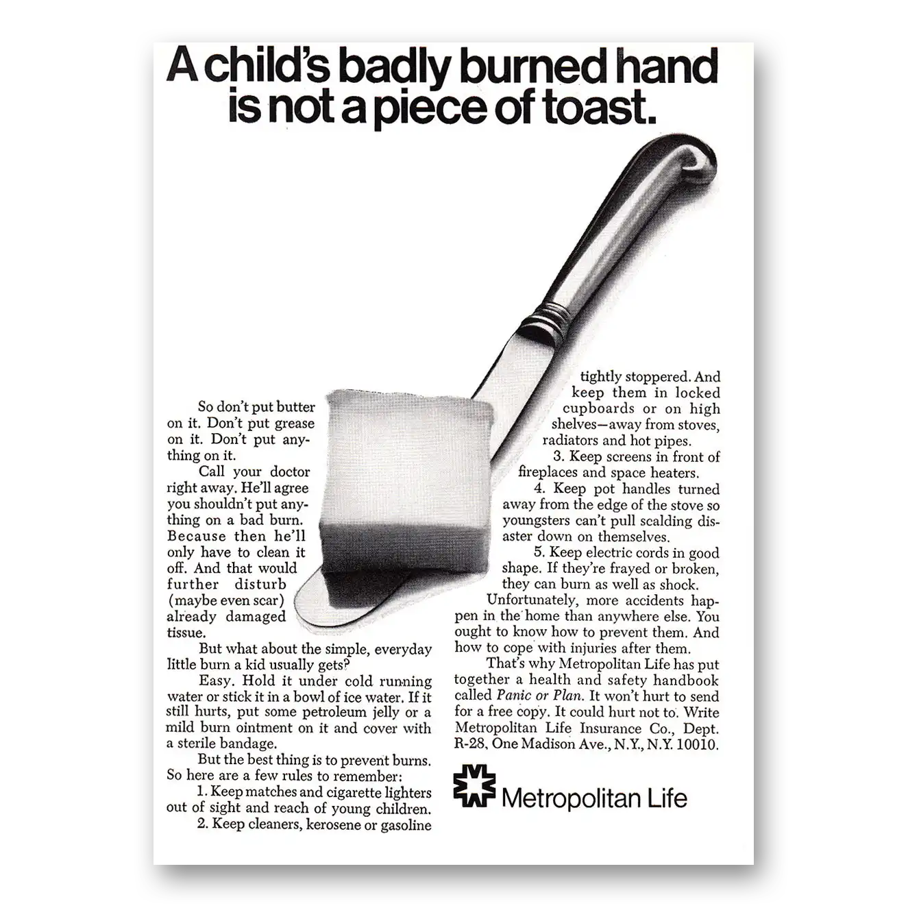 1968 Metropolitan Life Insurance Childs Badly Burned Hand Is Not a Piece of Toast Vintage Magazine Print Ad