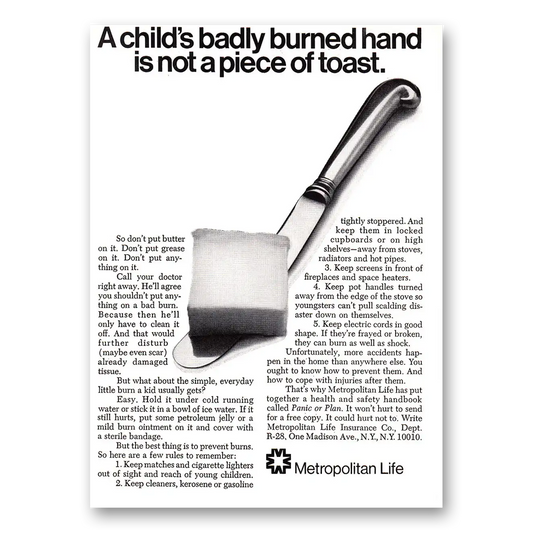 1968 Metropolitan Life Insurance Childs Badly Burned Hand Is Not a Piece of Toast Vintage Magazine Print Ad