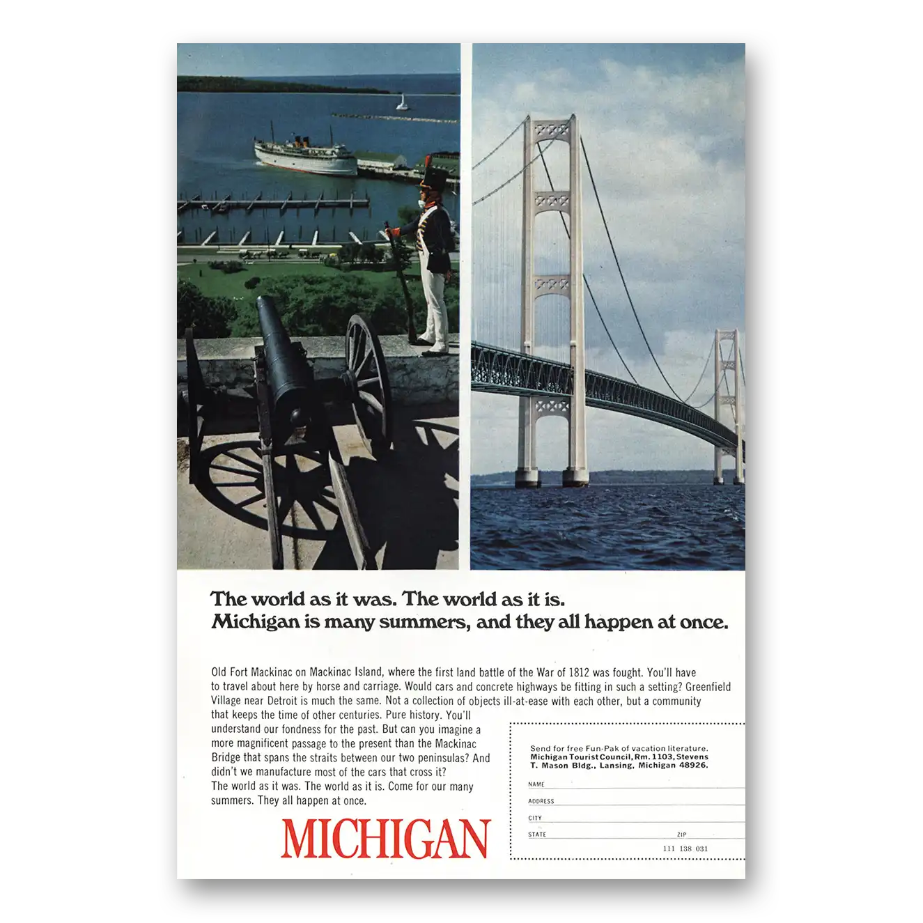 1968 Michigan Old Fort Mackinac Vintage Magazine Print Ad