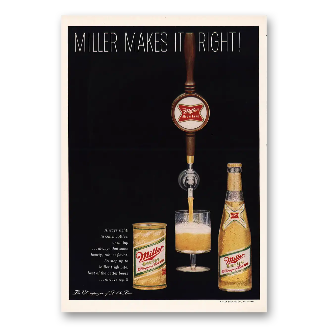 1968 Miller Beer Makes It Right Vintage Magazine Print Ad