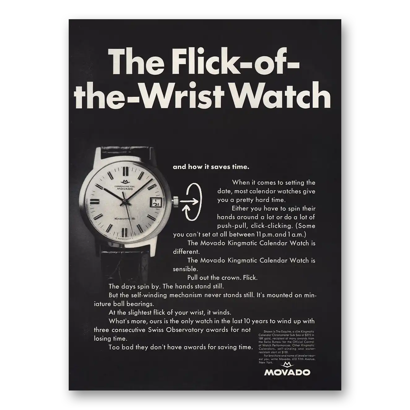 1968 Movado Watch Flick of the Wrist Watch Vintage Magazine Print Ad