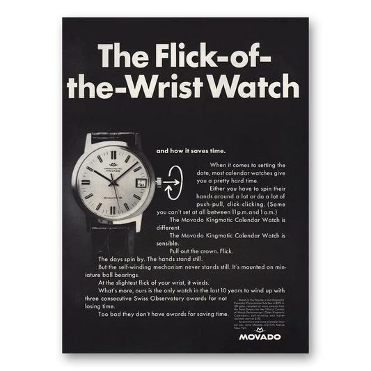 1968 Movado Watch Flick of the Wrist Watch Vintage Magazine Print Ad