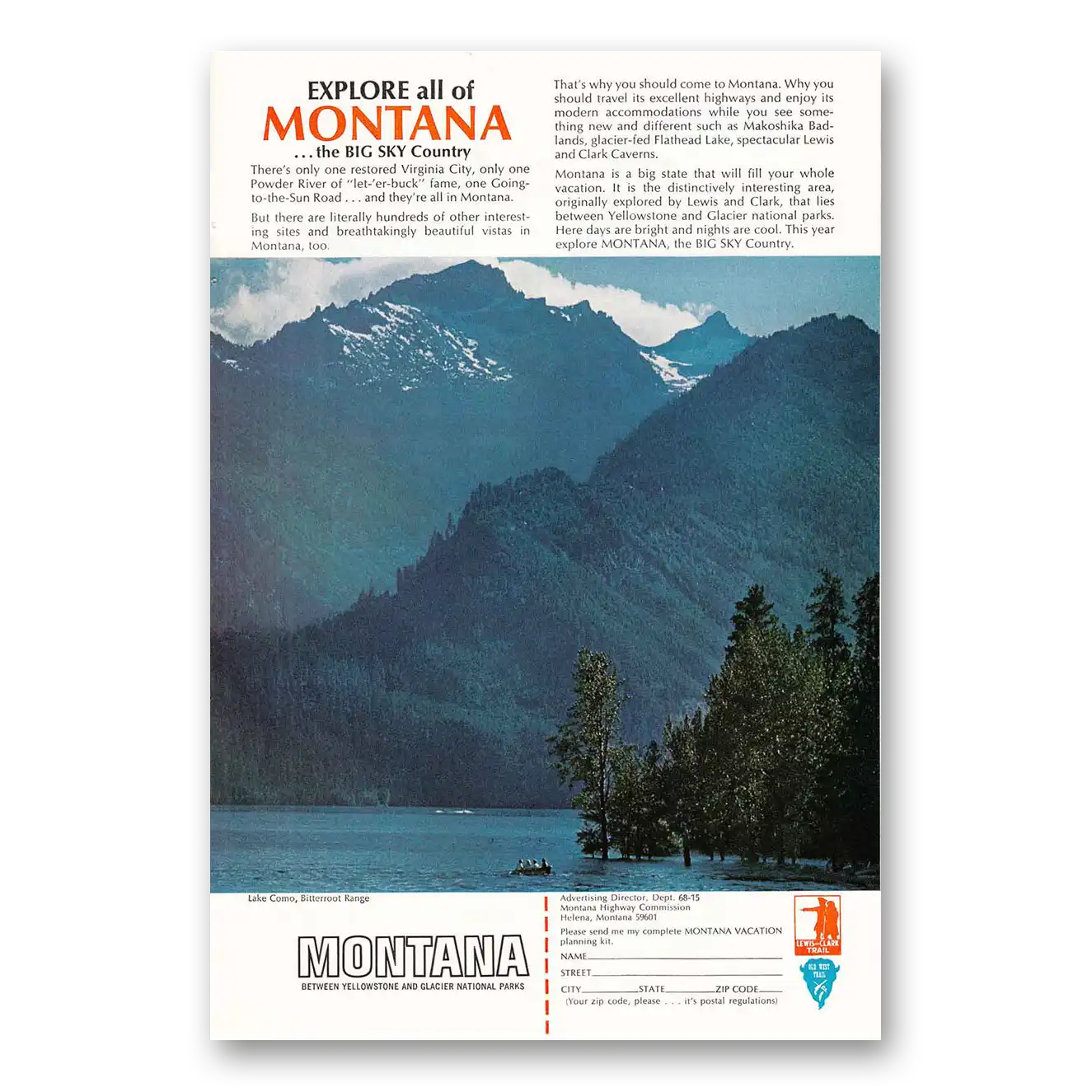 1968 Montana Lake Como Bitterrut Range Vintage Magazine Print Ad