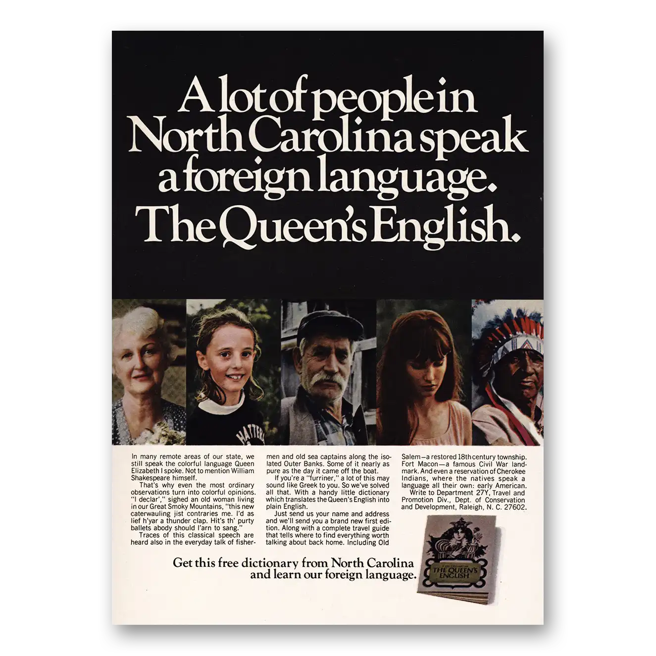 1968 North Carolina Queens English Vintage Magazine Print Ad