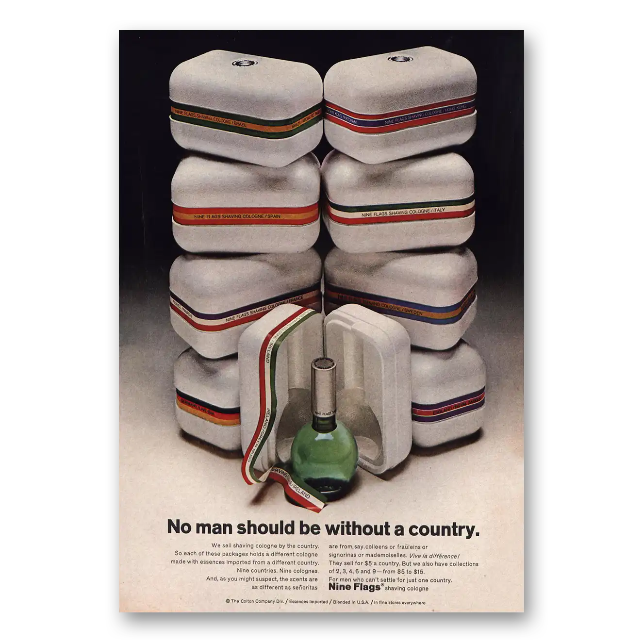 1968 Nine Flags Shaving Cologne No Man Should Be Without Country Vintage Magazine Print Ad