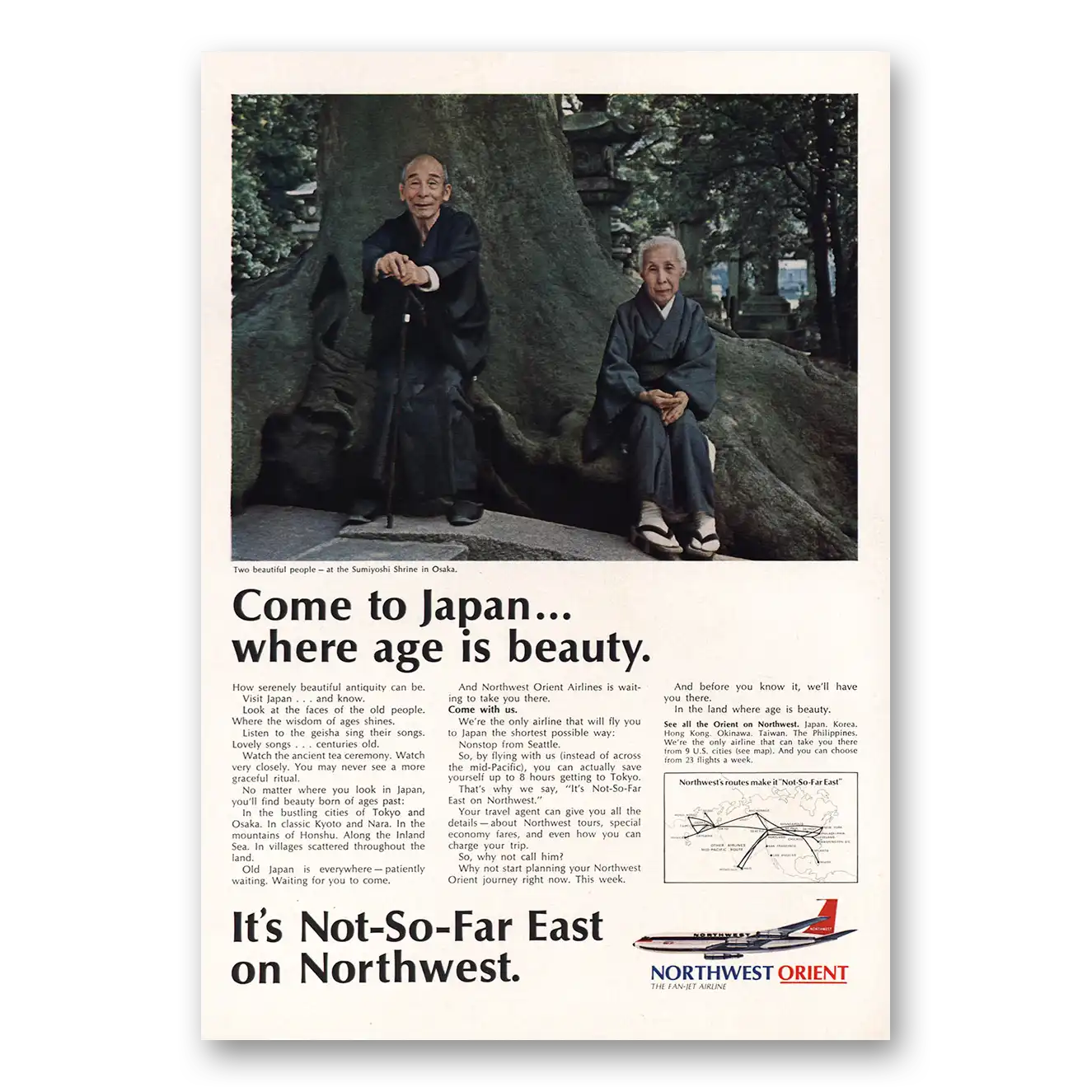 1968 Northwest Orient Airlines Come to Japan Where Age Is Beauty Vintage Magazine Print Ad