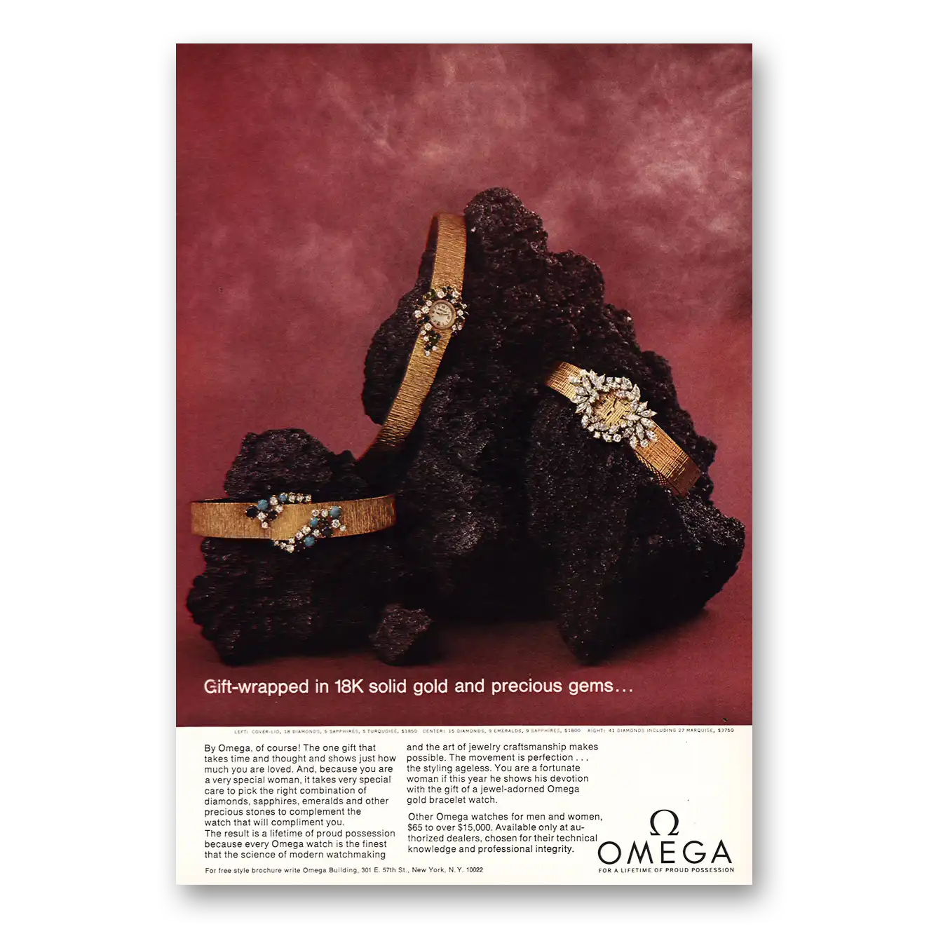 1968 Omega Watch 18K Solid Gold and Precious Gems Vintage Magazine Print Ad