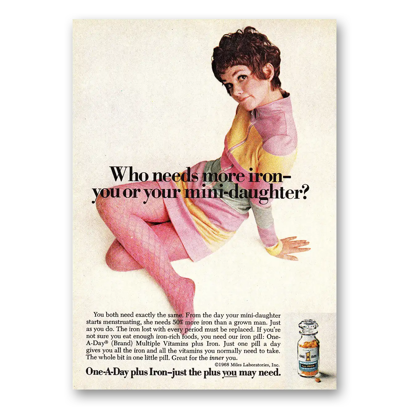 1968 One A Day Vitamins Who Needs More Iron Vintage Magazine Print Ad