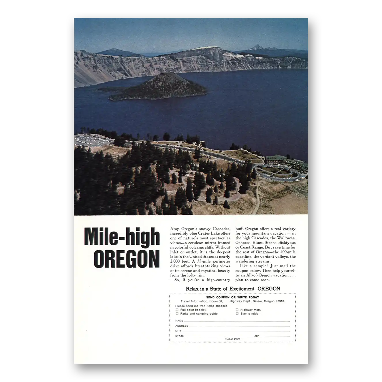 1968 Oregon Mile High Crater Lake Vintage Magazine Print Ad