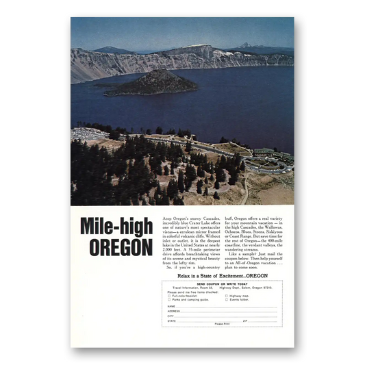 1968 Oregon Mile High Crater Lake Vintage Magazine Print Ad