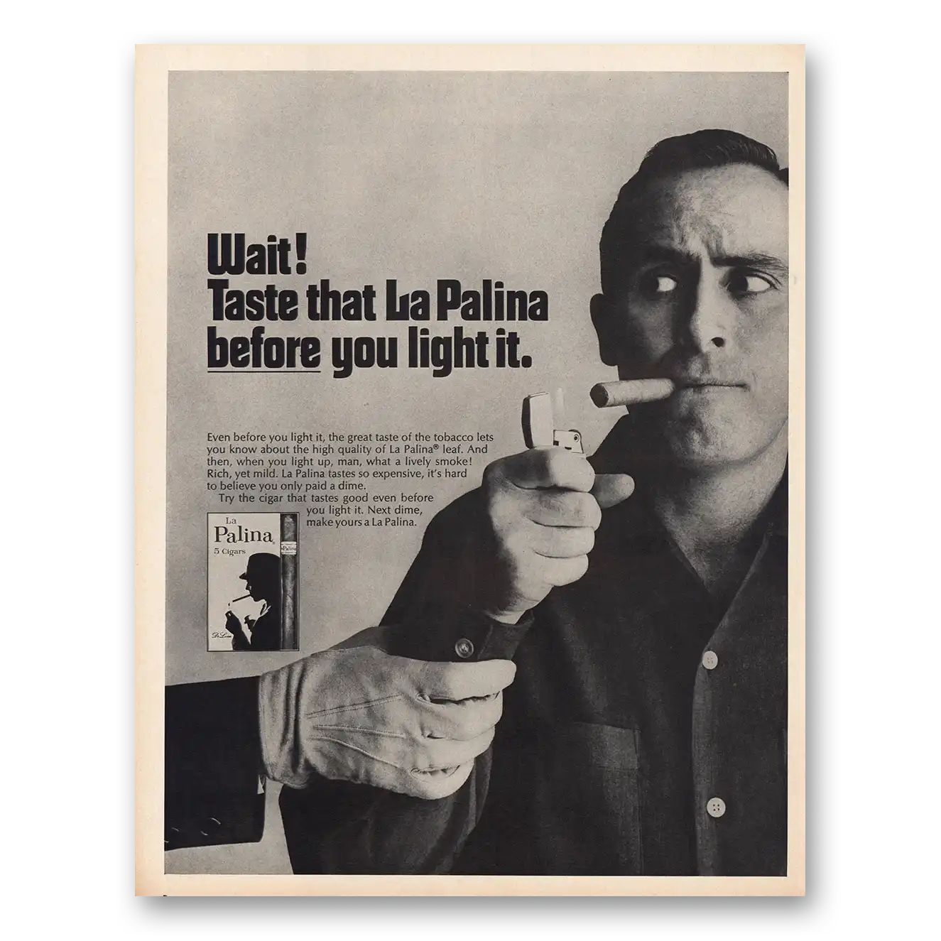 1968 La Palina Cigars Taste That Before You Light It Vintage Magazine Print Ad