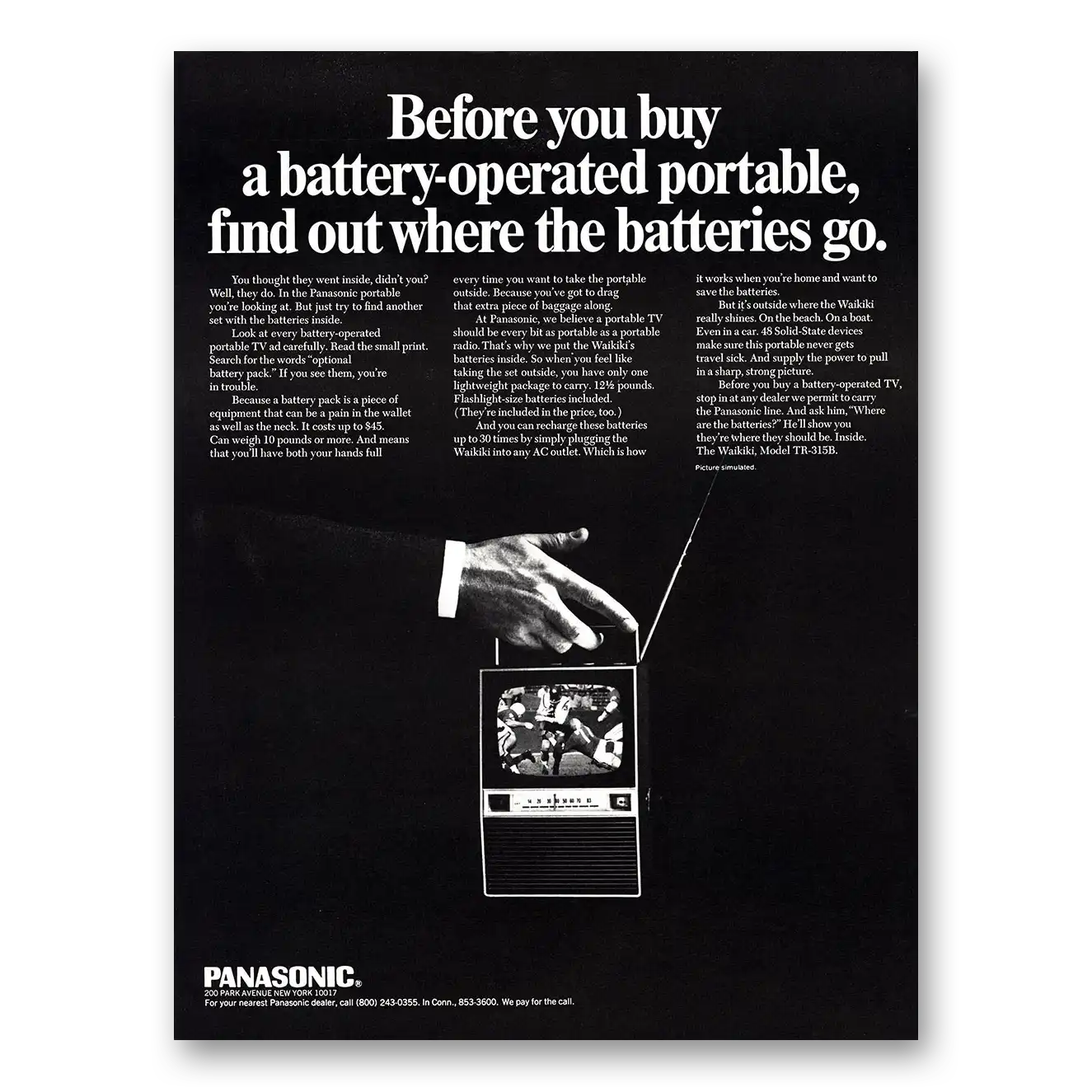 1968 Panasonic Television Find Out Where the Batteries Go Vintage Magazine Print Ad