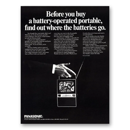 1968 Panasonic Television Find Out Where the Batteries Go Vintage Magazine Print Ad