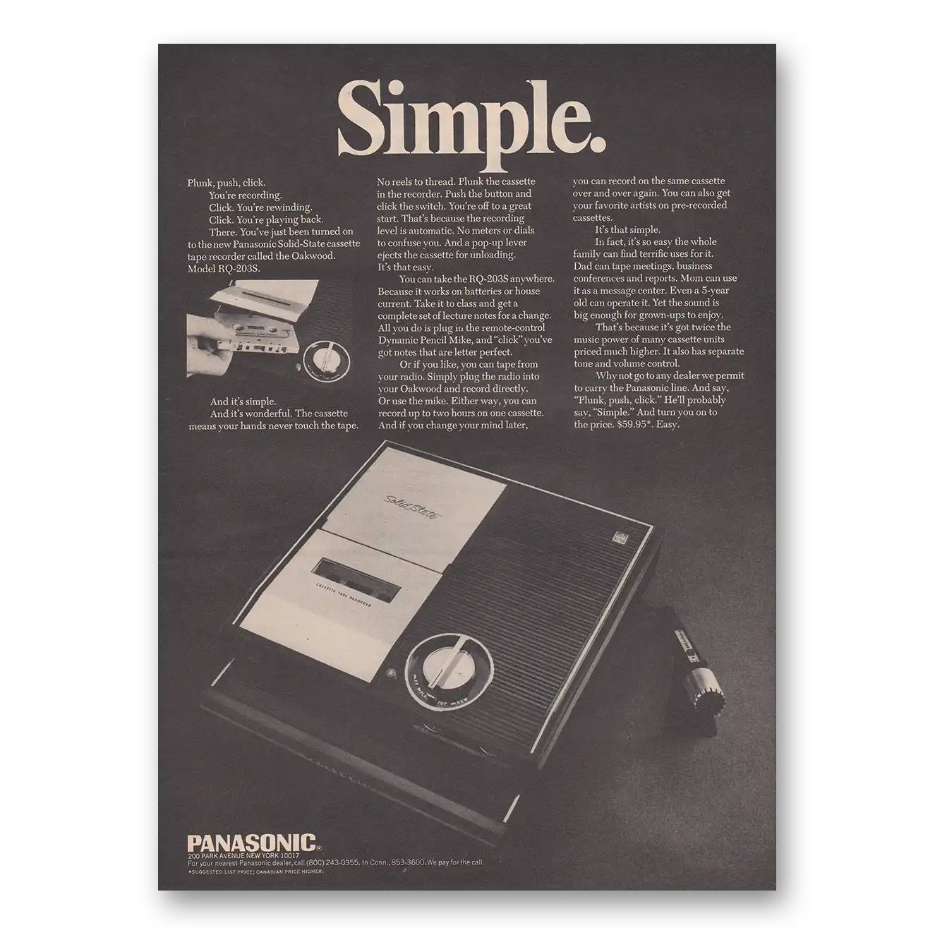 1968 Panasonic Tape Recorder Simple Oakwood Vintage Magazine Print Ad