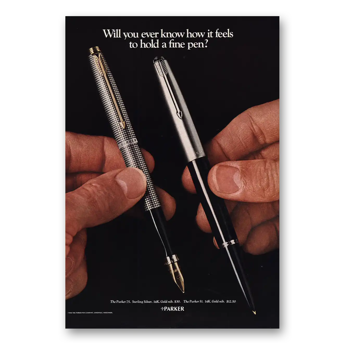 1968 Parker Pens Hold Fine Pen Vintage Magazine Print Ad