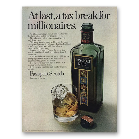 1968 Passport Scotch Tax Break for Millionaires Vintage Magazine Print Ad