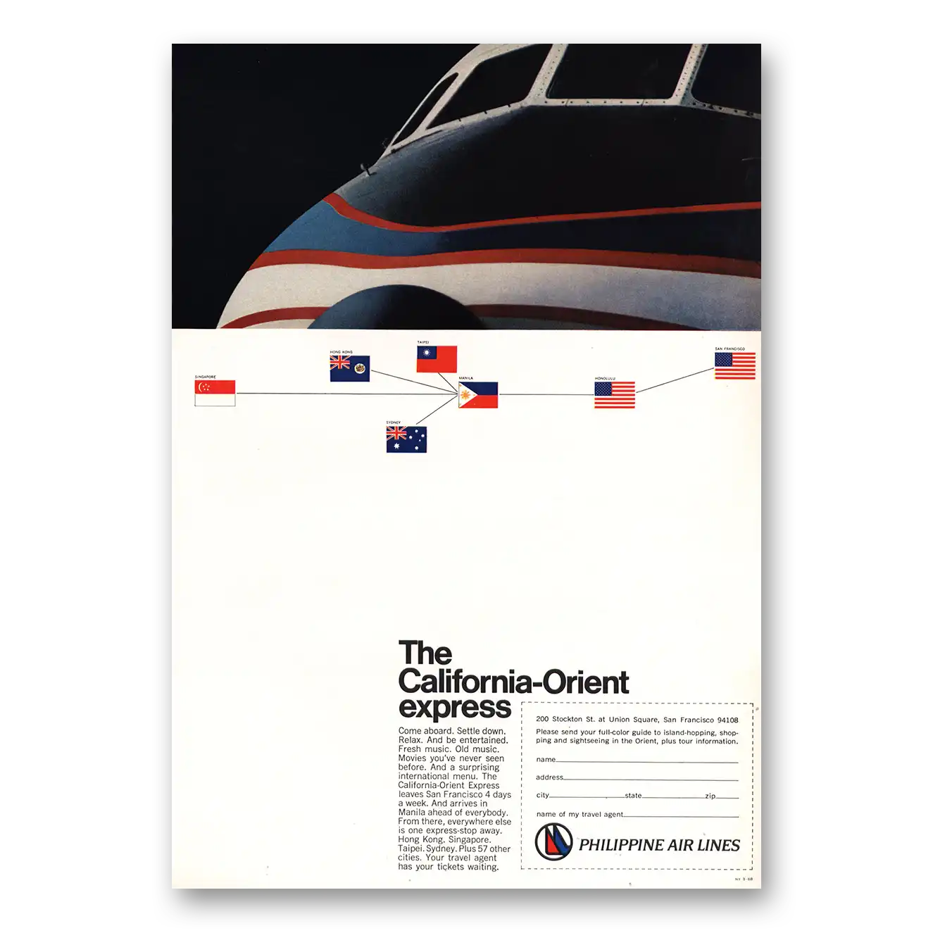 1968 Philippine Airlines California Orient Express Vintage Magazine Print Ad