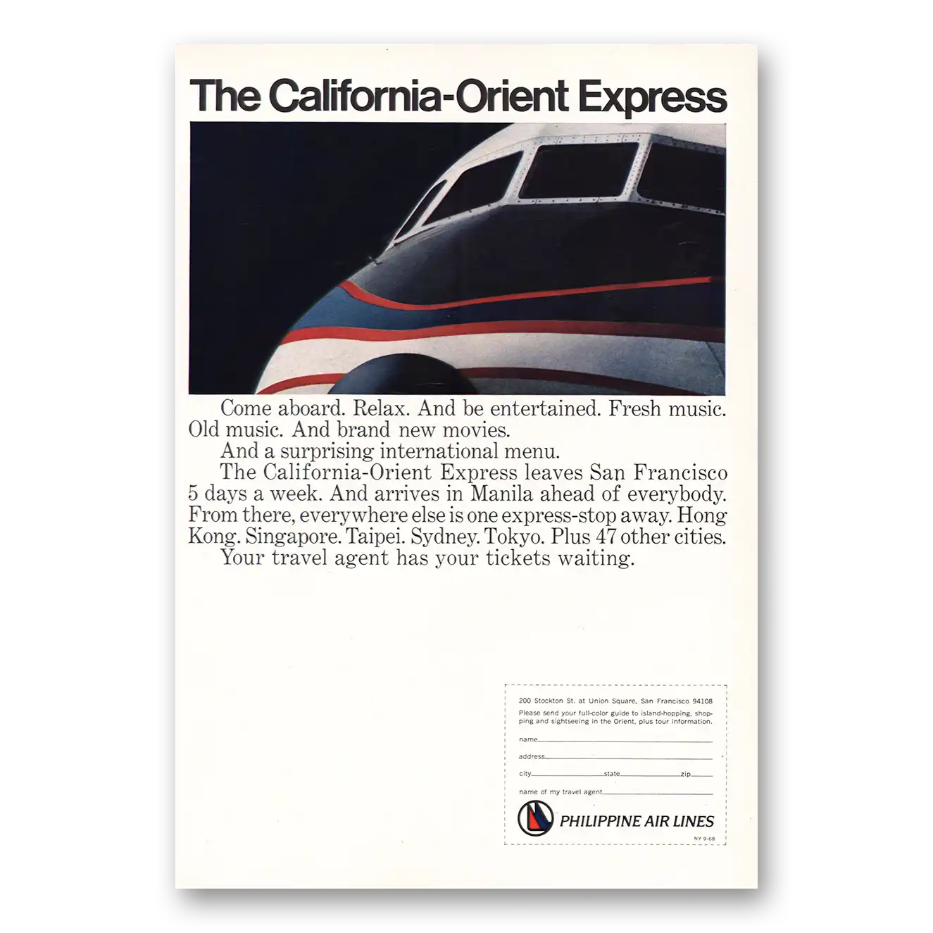 1968 Philippine Airlines California Orient Express Vintage Magazine Print Ad