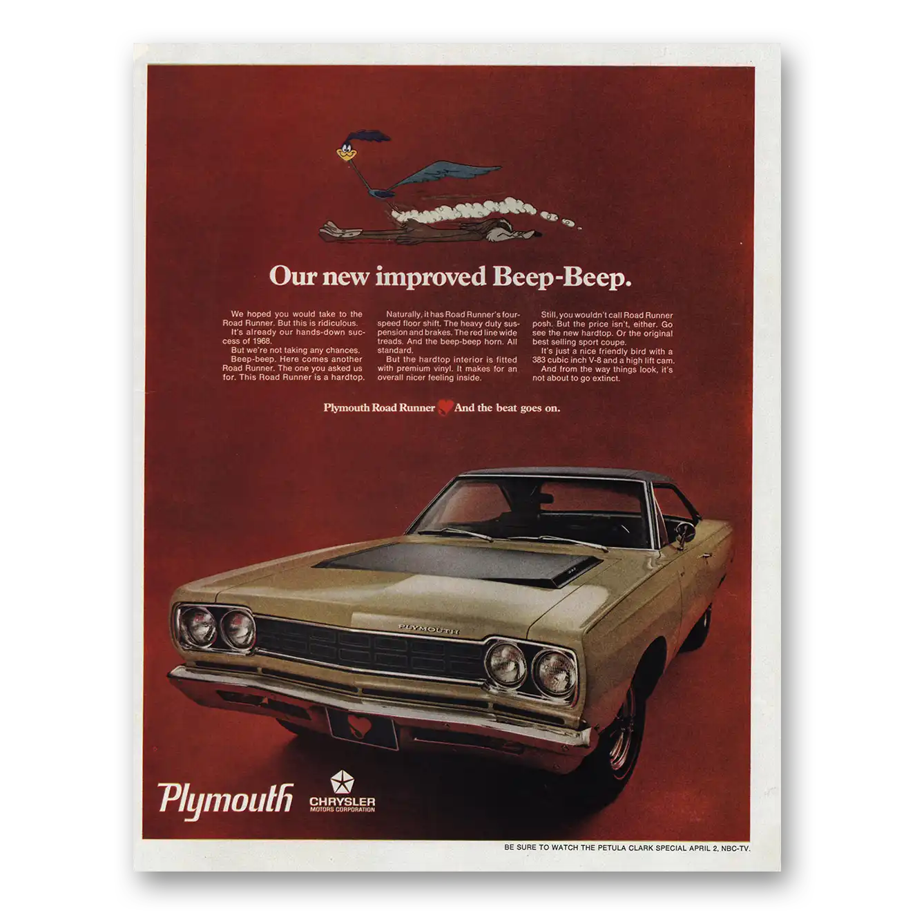 1968 Plymouth Road Runner New Improved Beep Beep Vintage Magazine Print Ad