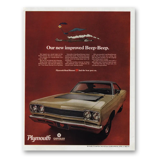 1968 Plymouth Road Runner New Improved Beep Beep Vintage Magazine Print Ad