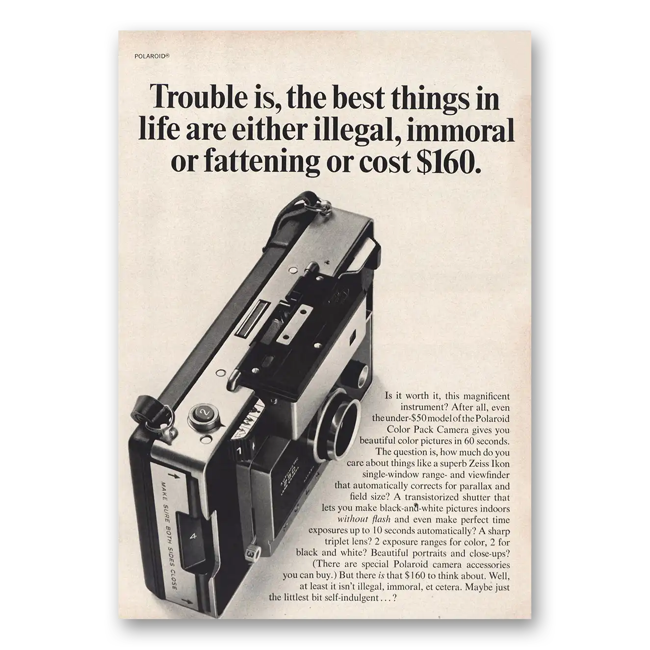 1968 Polaroid Color Pack Camera Best Things In Life Illegal Immoral Fattening Vintage Magazine Print Ad