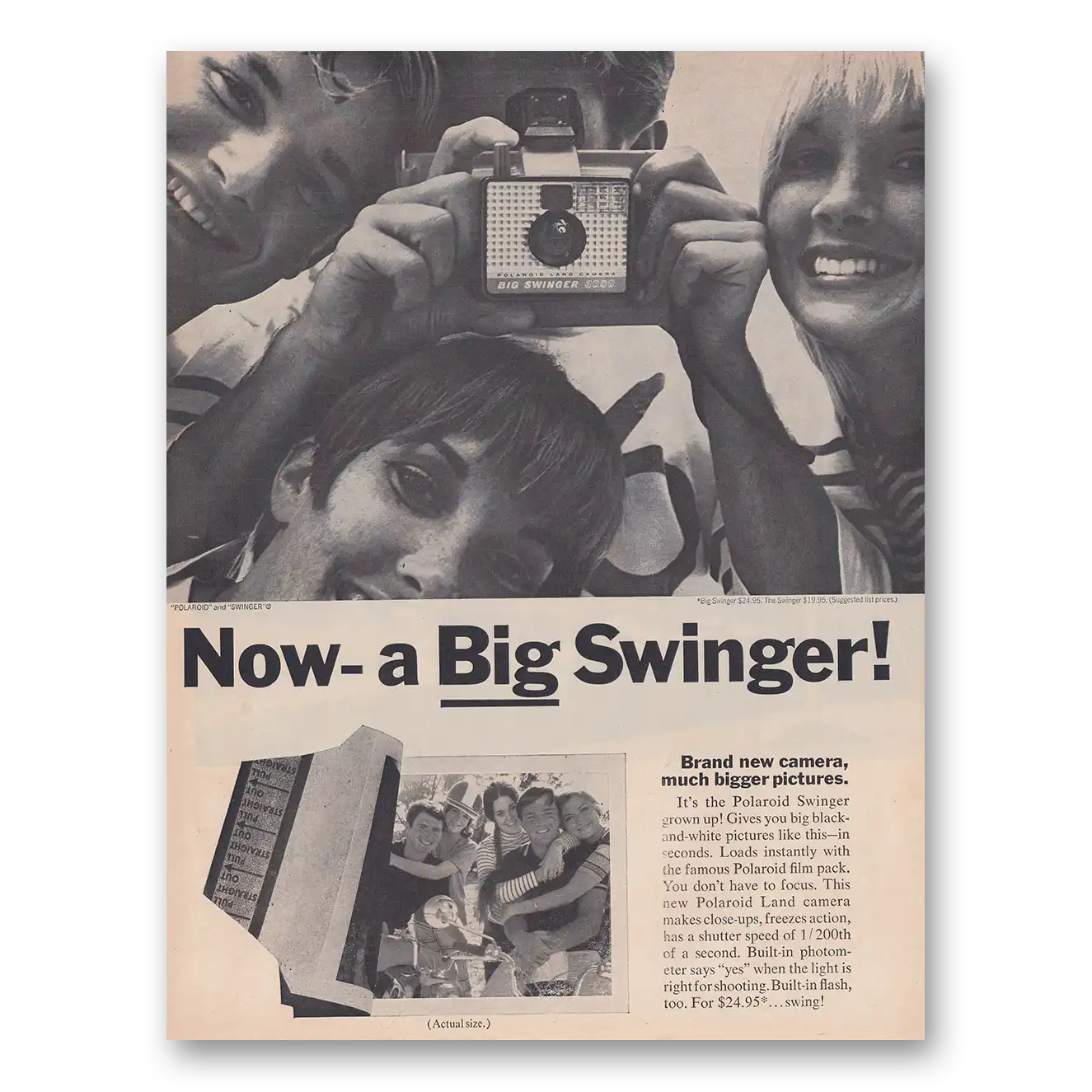 1968 Polaroid Swinger Camera Now a Big Swinger Vintage Magazine Print Ad