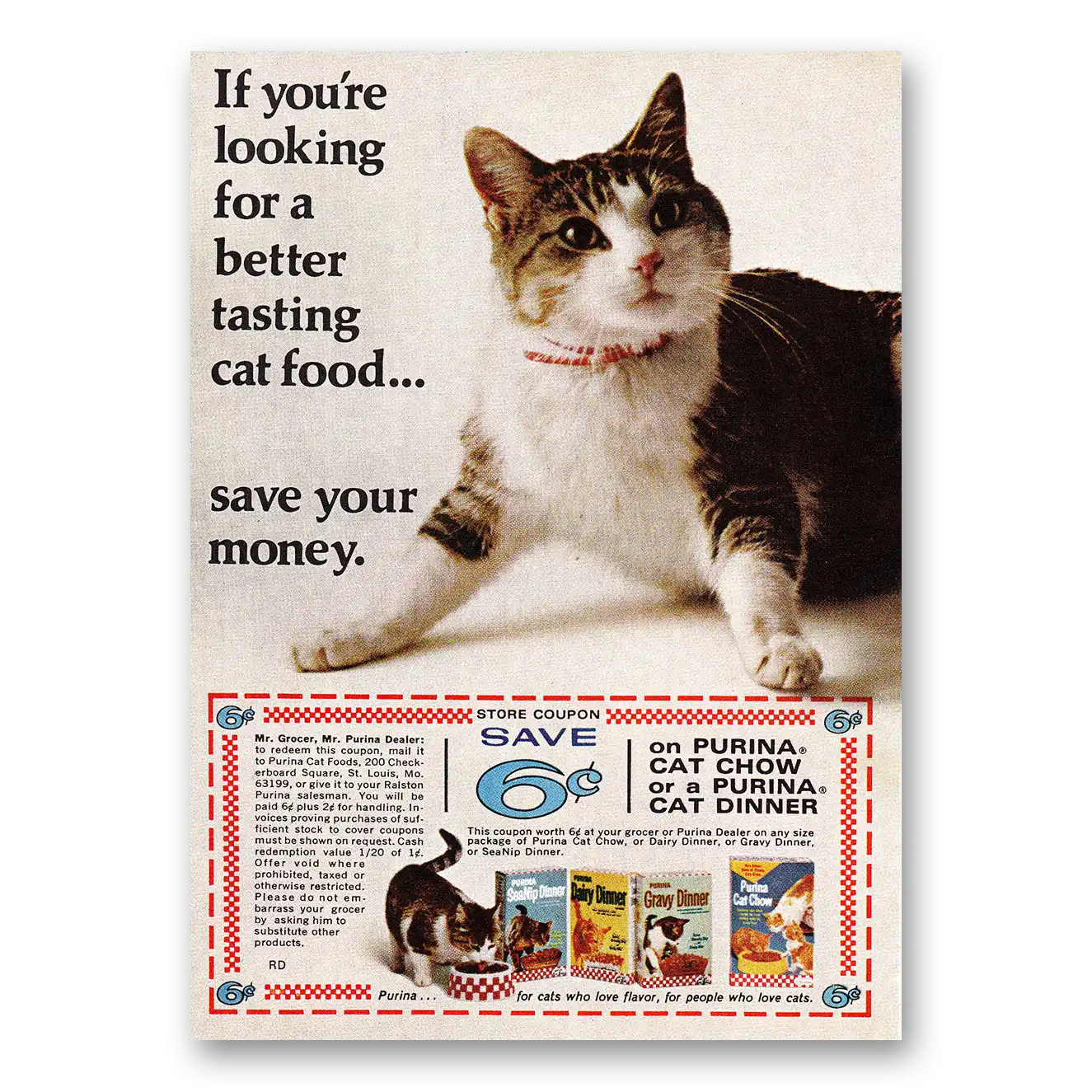 1968 Purina Cat Chow Better Tasting Cat Food Vintage Magazine Print Ad