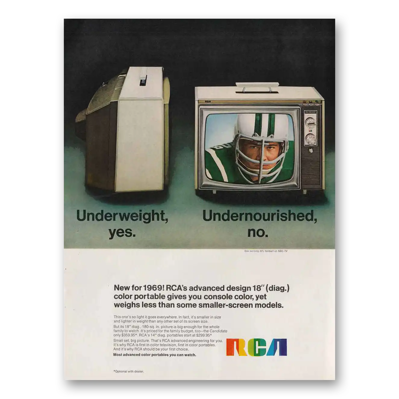 1968 RCA Television Color Portable TV Underweight Undernourish Vintage Magazine Print Ad