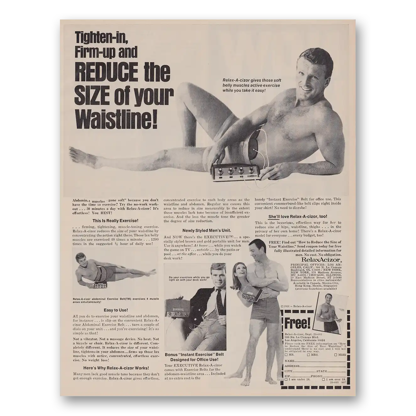 1968 RelaxAcizor Tighten In Firm Up Vintage Magazine Print Ad