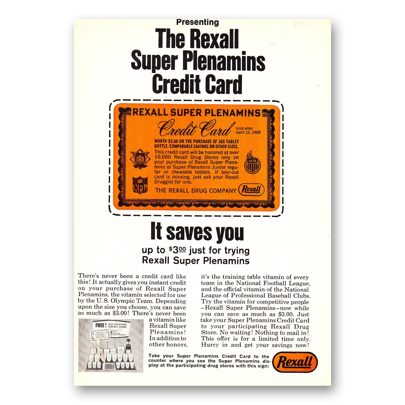 1968 Rexall Drug Stores Super Plenamins Credit Card Vintage Magazine Print Ad