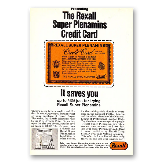 1968 Rexall Drug Stores Super Plenamins Credit Card Vintage Magazine Print Ad