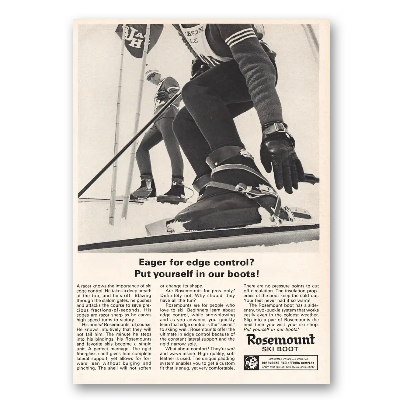 1968 Rosemount Ski Boot Eager Edge Control Vintage Magazine Print Ad