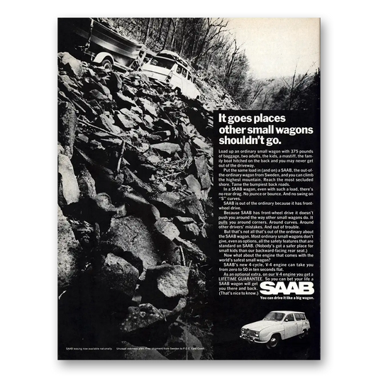 1968 Saab Goes Places Other Small Wagons Shouldn't Go Vintage Magazine Print Ad